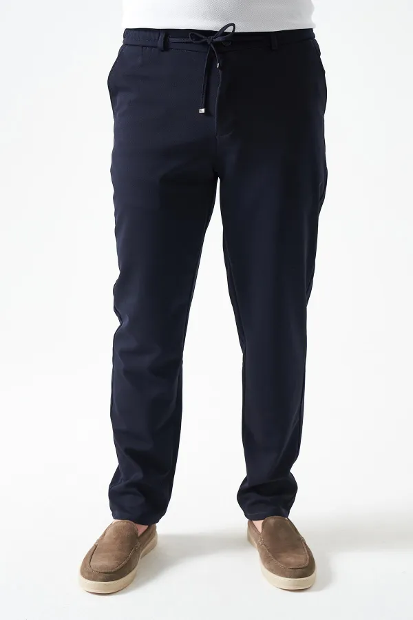 Erkek Lacivert Beli Yarım Lastikli Pike Basic Pantolon