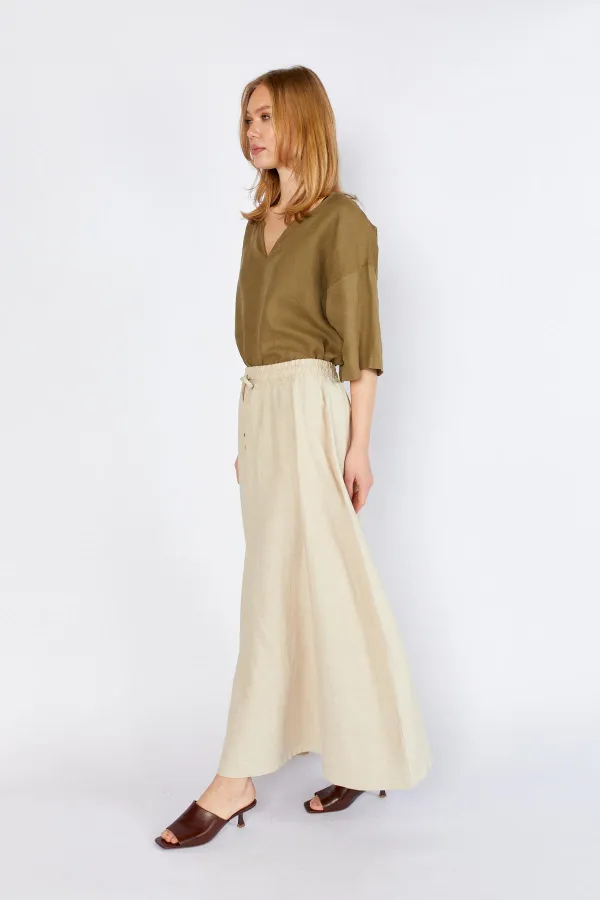 Women's Natural Skirt with Thick Stitching and Elastic Waistband