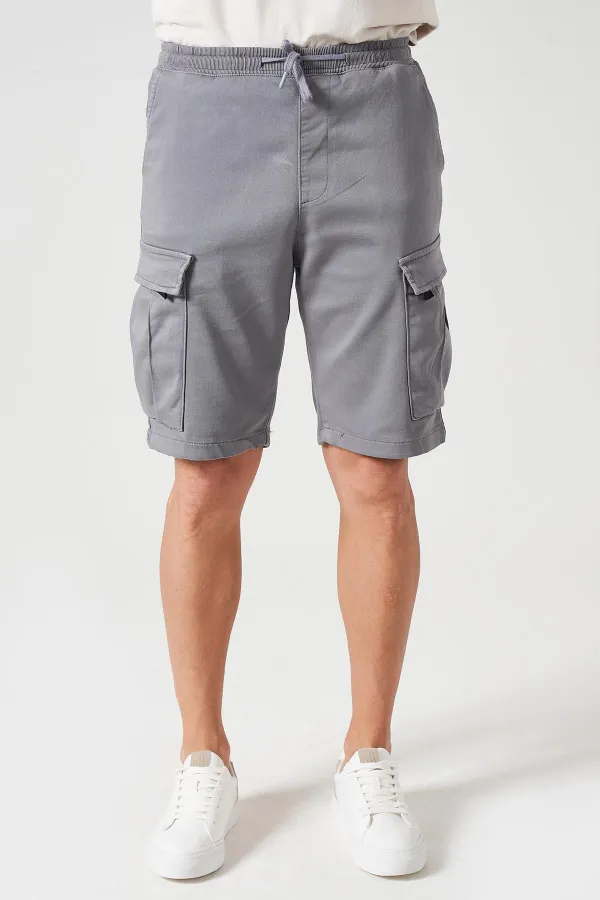 Erkek Gri Beli Ribanalı Örme Parça Boya Kargo Şort