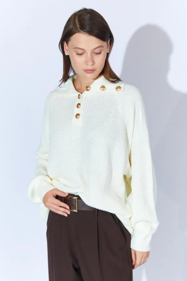 Kadın Kemik Şal Yaka Düğmeli Triko Kazak