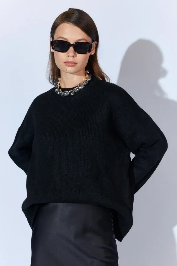 Kadın Siyah Bisiklet Yaka Basic Triko Kazak