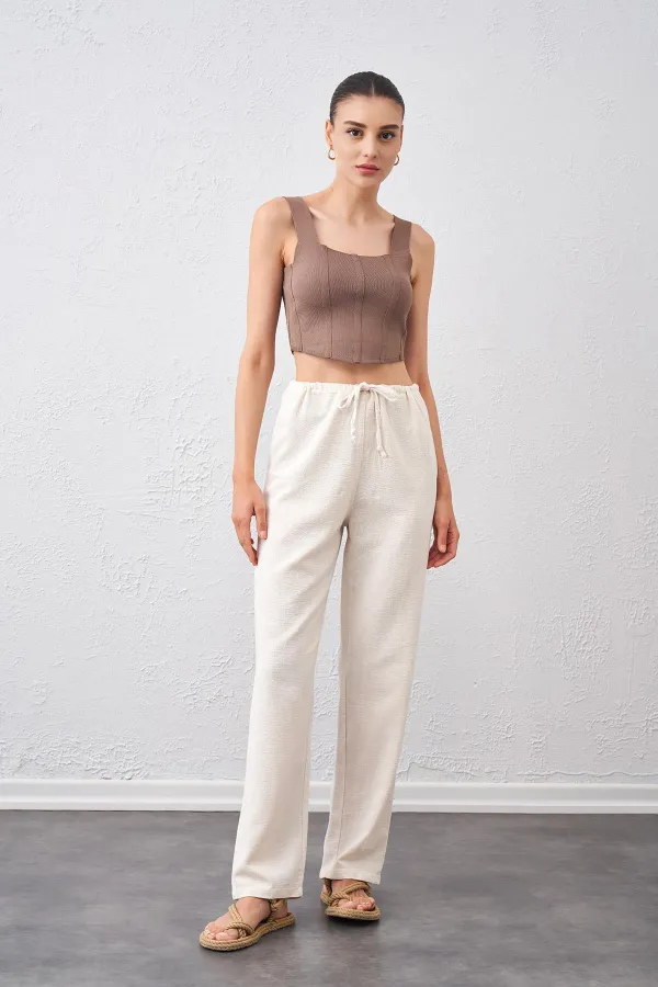 Kadın Naturel Bel Bağlamalı Bağcıklı Keten Pantolon