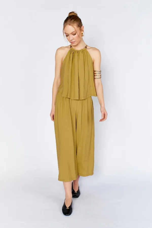 Women's Olive 171 Modal Suit with Wide-Leg Trousers and Beaded Collar Accessory