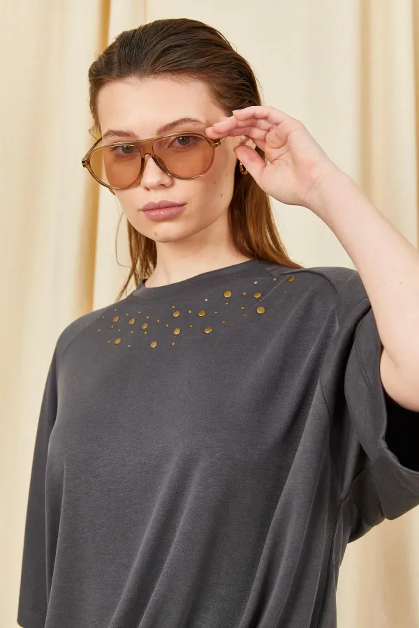 Kadın Antrasit 164 Reglan Kollu Etek Ucu Bağlama Bluzlu Etekli Modal Takım