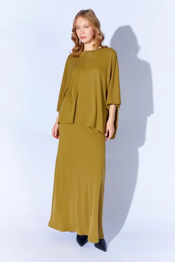 Kadın Yağ Yeşili 172 Düşük Kol Bluzlu Uzun Pike Modal Etekli Takım