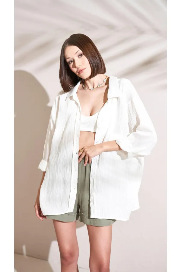 Kadın Ekru Kendinden Çizgili Oversize Gömlek