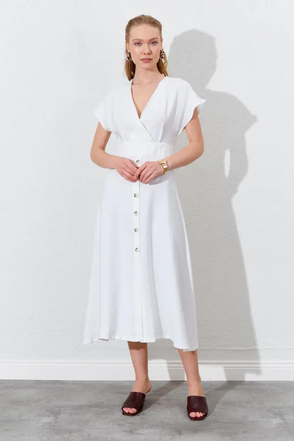Women's Off-White Wrap-Neck Buttoned Modal Dress