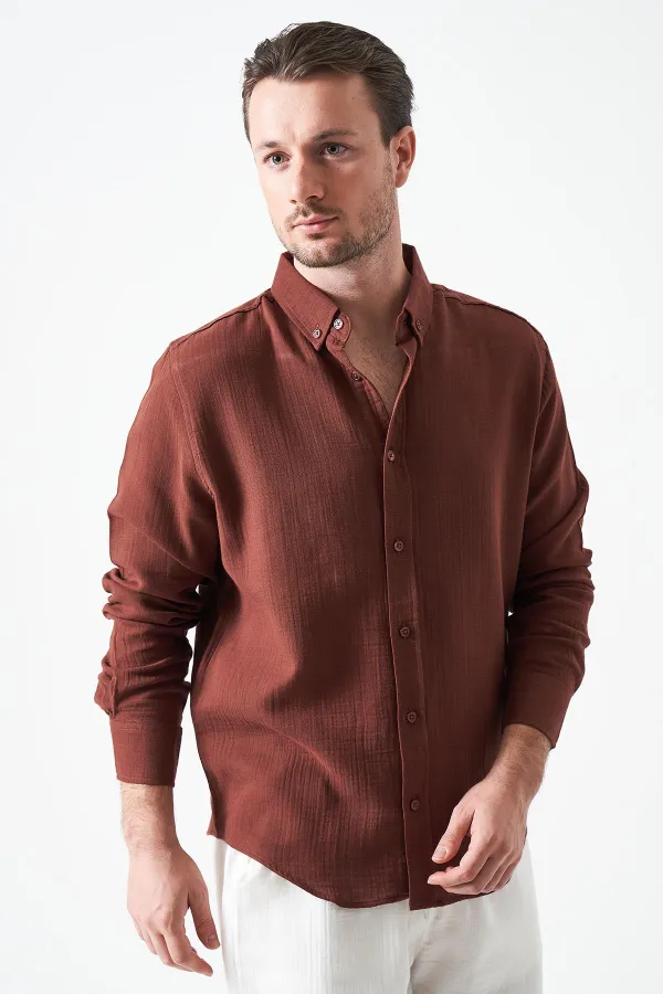 Erkek Kahve Uzun Kol Regular Basic Müslin Gömlek
