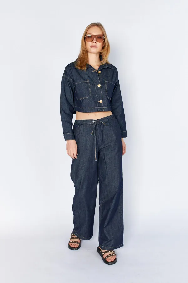 Women's Rins Wash Double Pocket Belted Loose Fit Jean Jacket and Pants Set