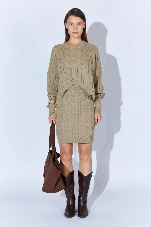 Kadın Vizon Saç Örgülü Etek Kazak Takım