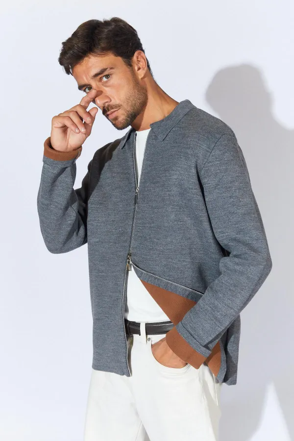 Erkek Antrasit-Taba Double Face Akrilik Fermuarlı Hırka