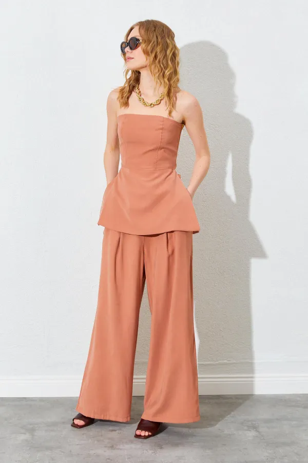 Kadın Kiremit Straplez Bluzlu Palazzo Pantolonlu Takım