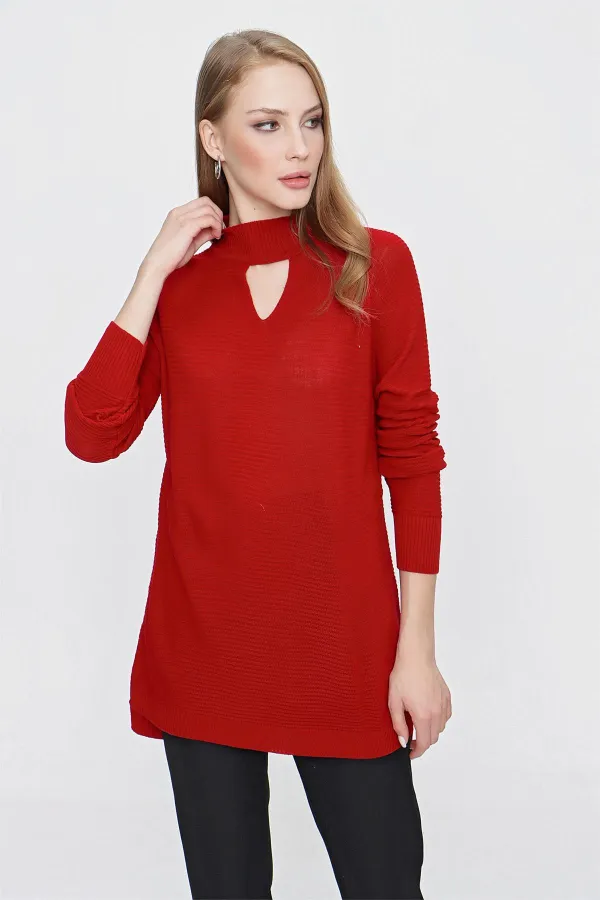 Kadın Kırmızı Önü Pencereli Triko Kazak