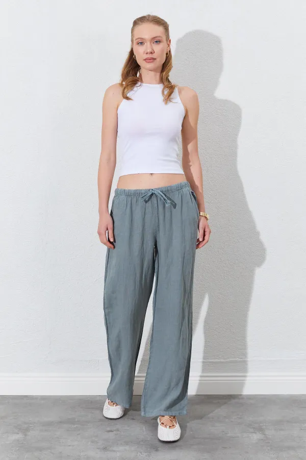 Women's Khaki Linen Wide-Leg Trousers with Drawstring Waist and Side Pockets