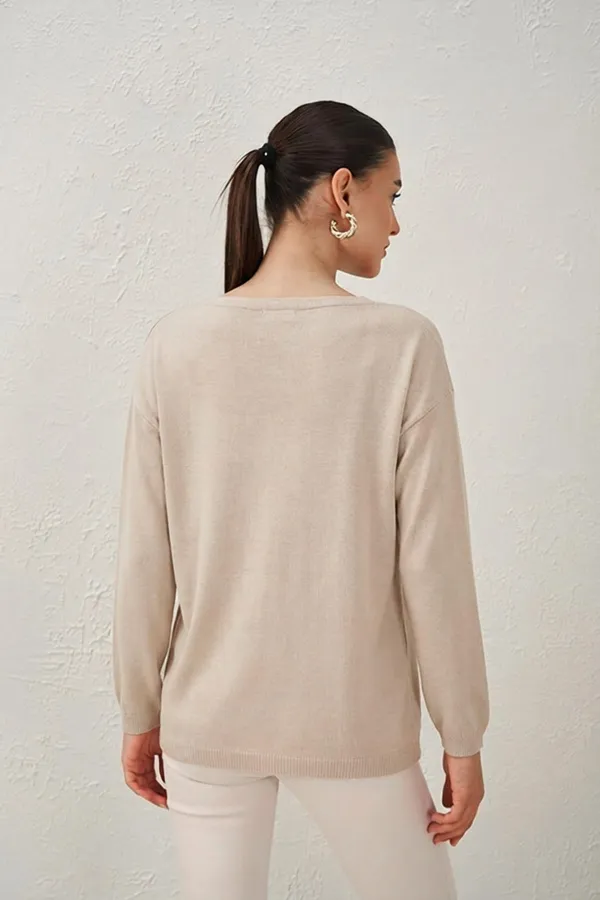 Kadın Taş Melanj V Yaka Salaş Triko Kazak