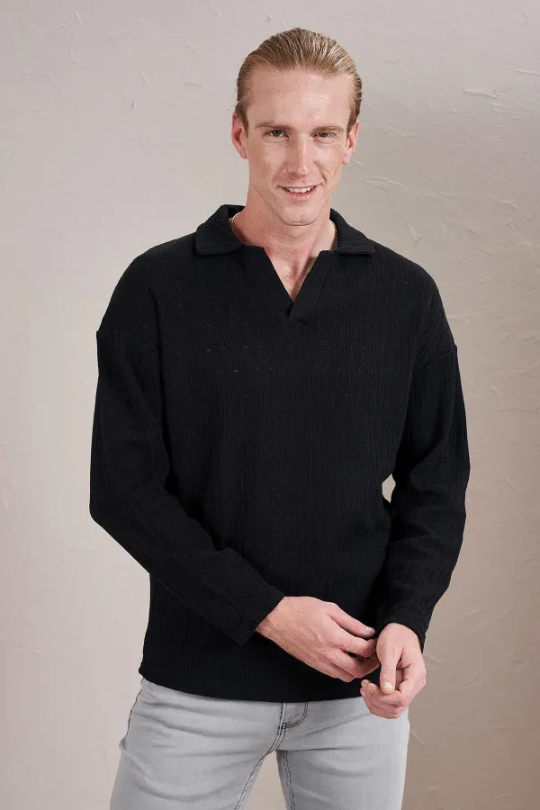 Men's Black Polo Collar Long-Sleeve Jacquard Sweatshirt
