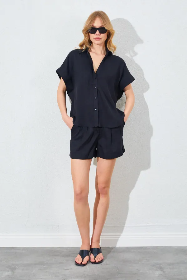 Kadın Siyah Oversize Düşük Kol Gömlek Şortlu Takım