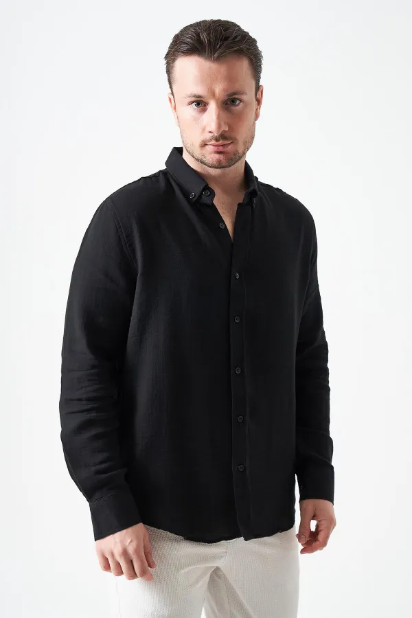Erkek Siyah Uzun Kol Regular Basic Müslin Gömlek