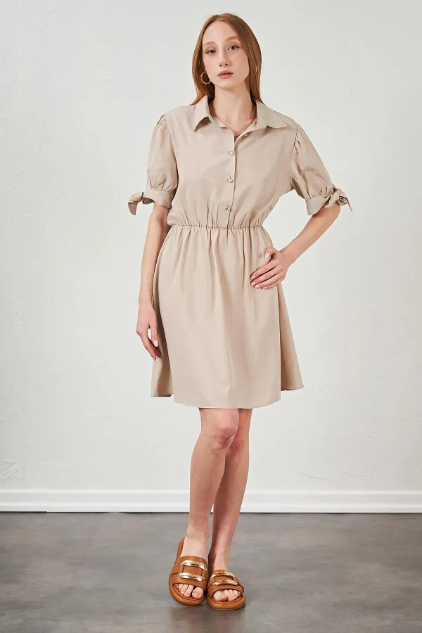 Kadın Bej Kolları Bağlamalı Poplin Elbise