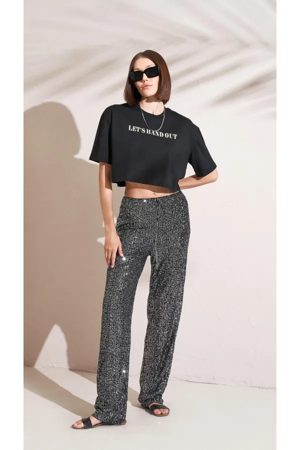 T-shirt court oversize noir à col rond pour femme, imprimé métallisé Supreme