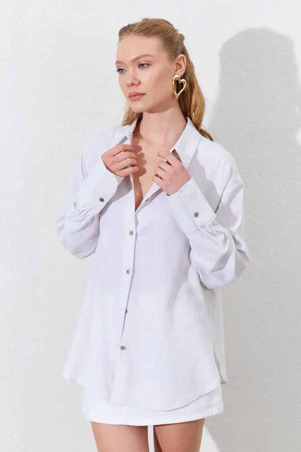 Kadın Naturel Oversize Keten Gömlek