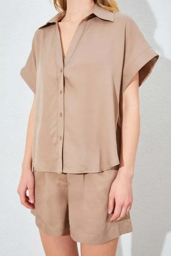 Kadın Vizon Oversize Düşük Kol Gömlek Şortlu Takım