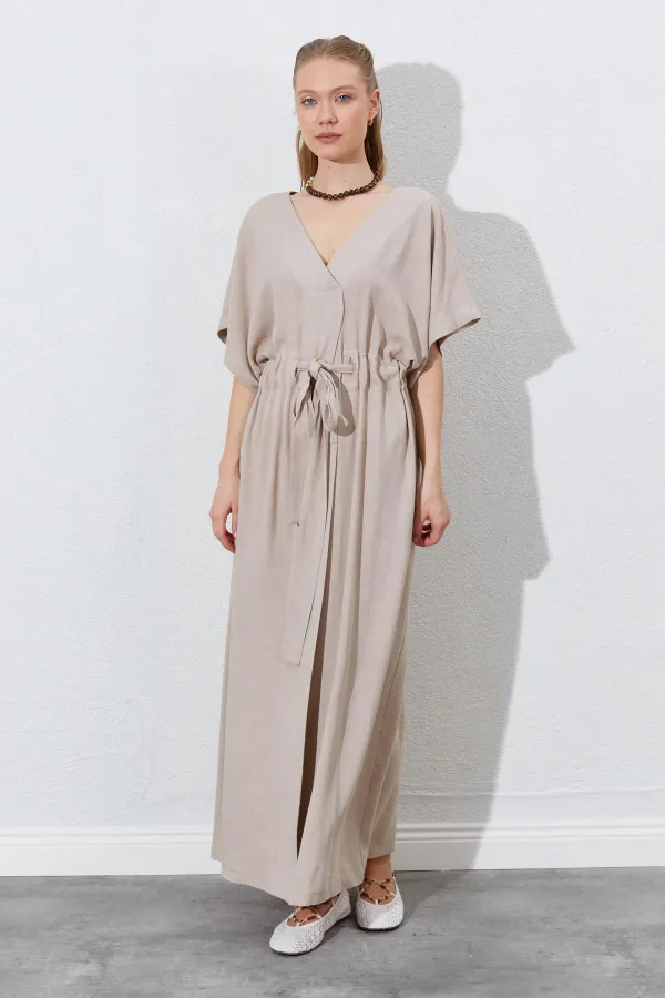 Kadın Koyu Bej Düşük Kol Beli Tünel Kemerli Keten Uzun Elbise