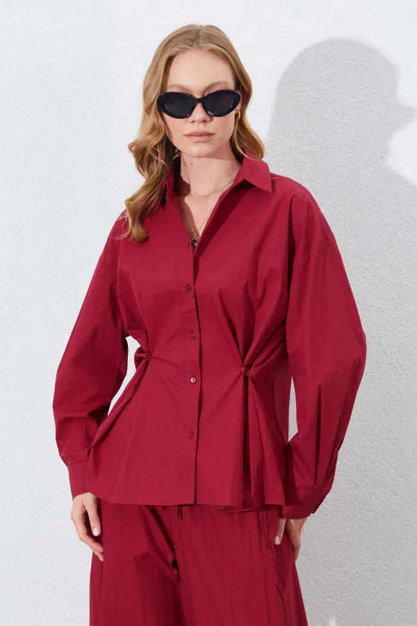 Kadın Bordo Bel Oturtmalı Bel Düğme Detaylı Gömlek