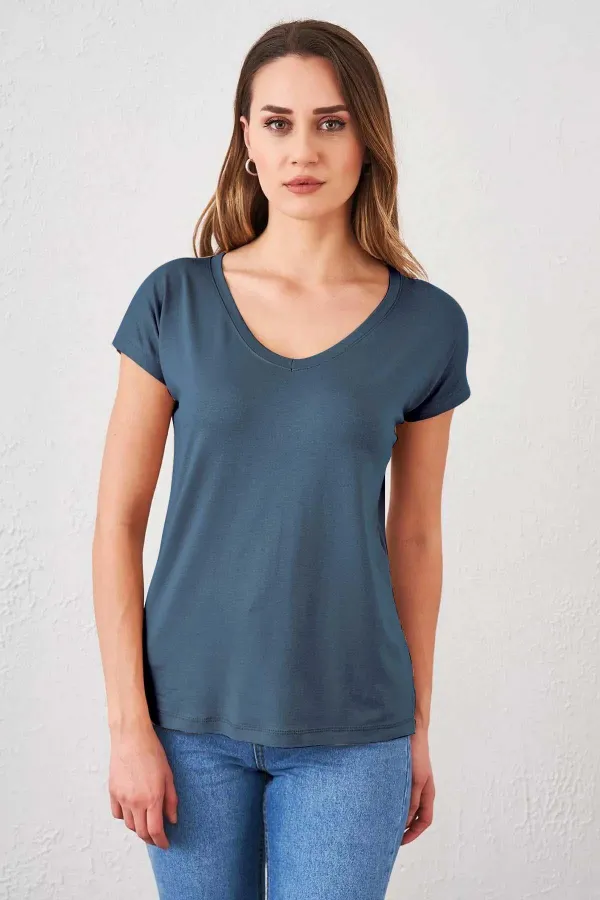 Kadın Lacivert V Yaka Geniş Salaş Tişört