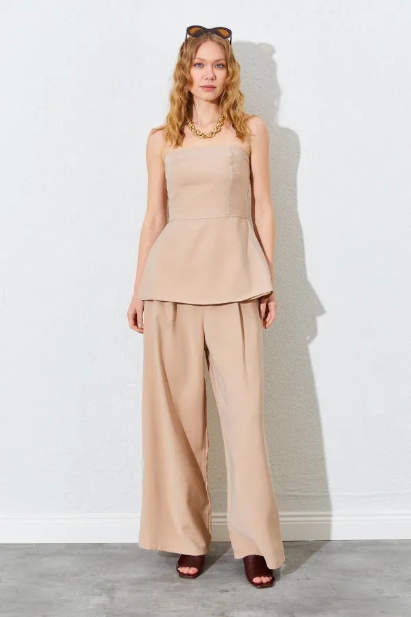 Kadın Vizon Straplez Bluzlu Palazzo Pantolonlu Takım