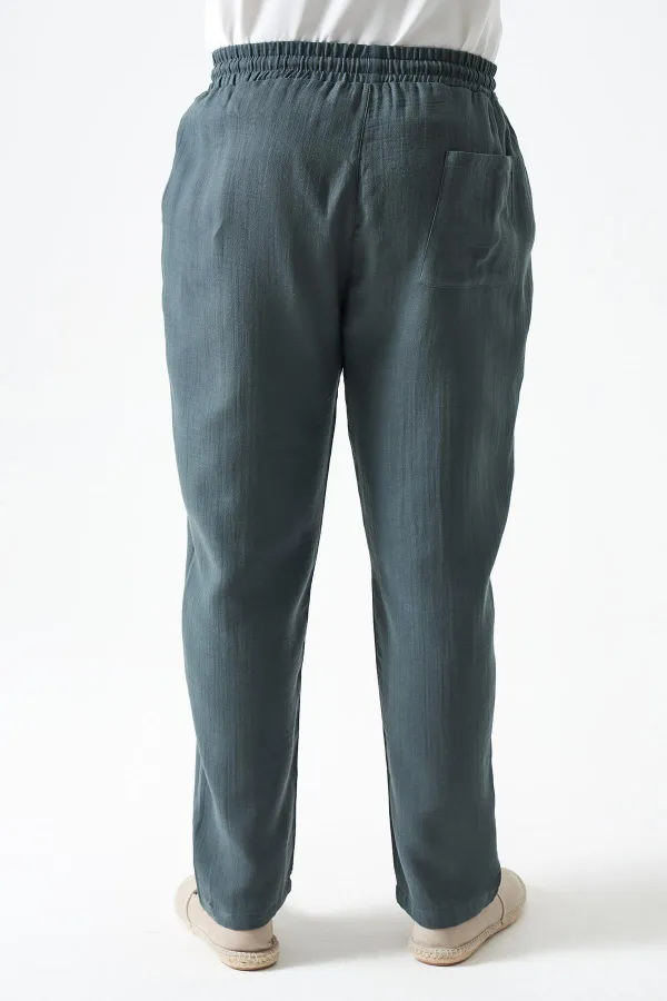 Erkek Çam Yeşili Bel Bağlamalı Baggy Müslin Pantolon