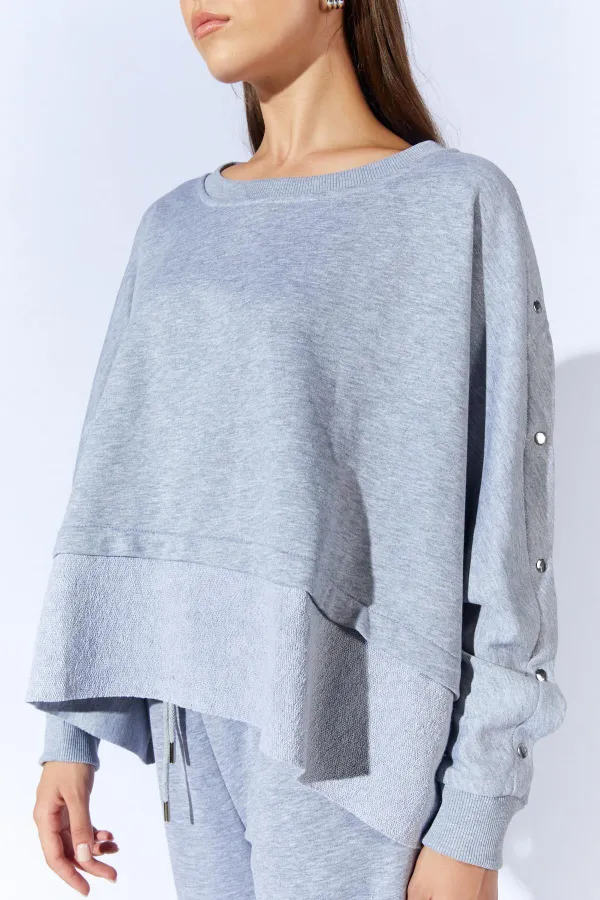 Women's Grey Melange Crew Neck Sweatshirt with Snap Button Sleeves and Dropped Shoulders
