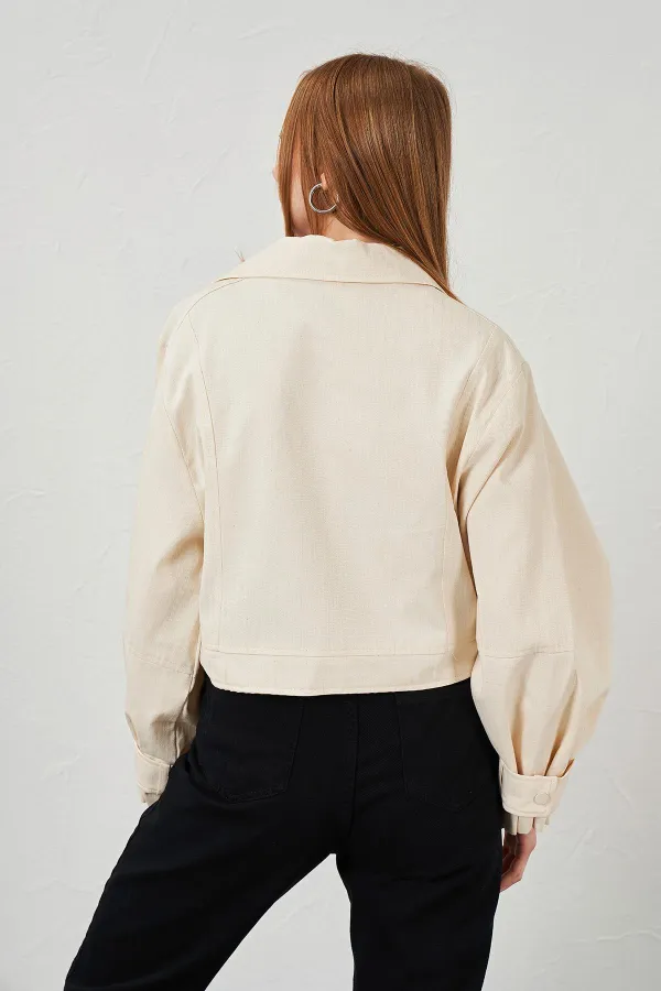 Kadın Naturel Yan Fermuarlı Kol Manşetli Balık Sırtı Gabardin Ceket