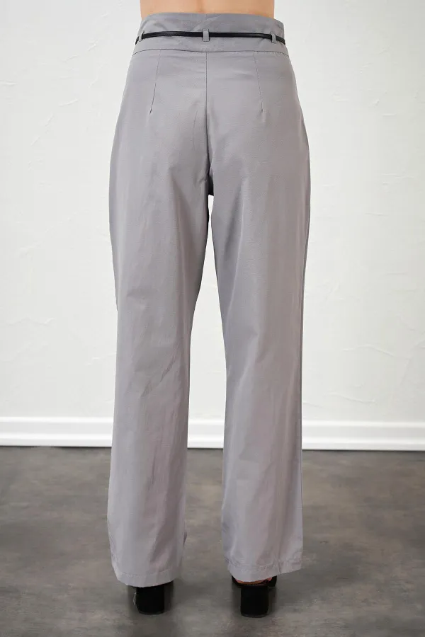 Kadın Gri Yüksel Bel Deri Kemerli Poplin Pantolon