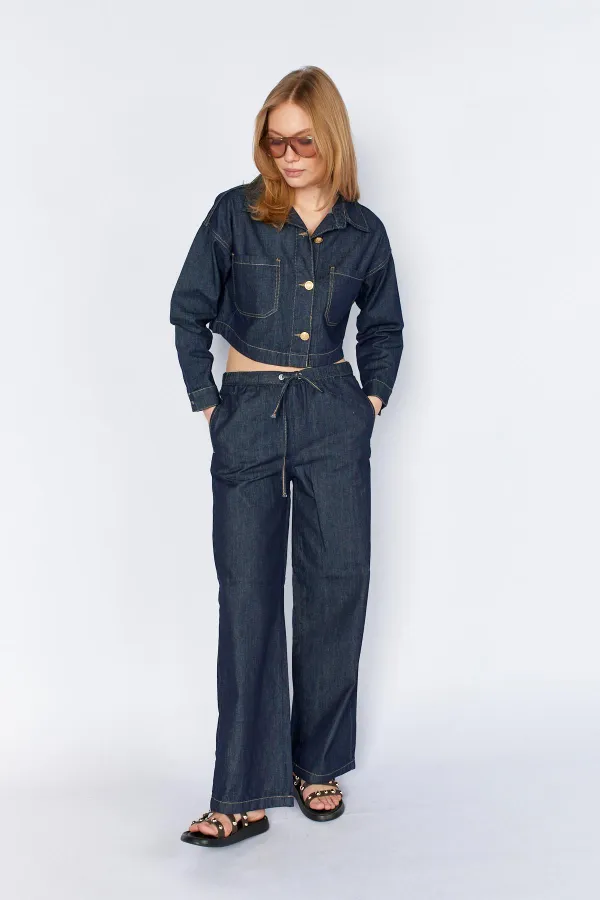 Women's Rins Wash Double Pocket Belted Loose Fit Jean Jacket and Pants Set