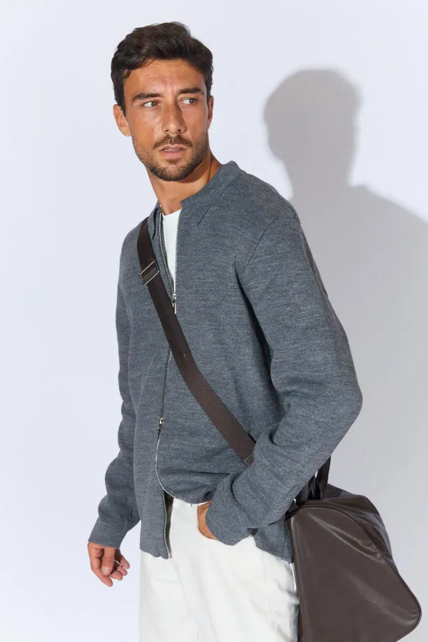 Erkek Antrasit-Taba Double Face Akrilik Fermuarlı Hırka