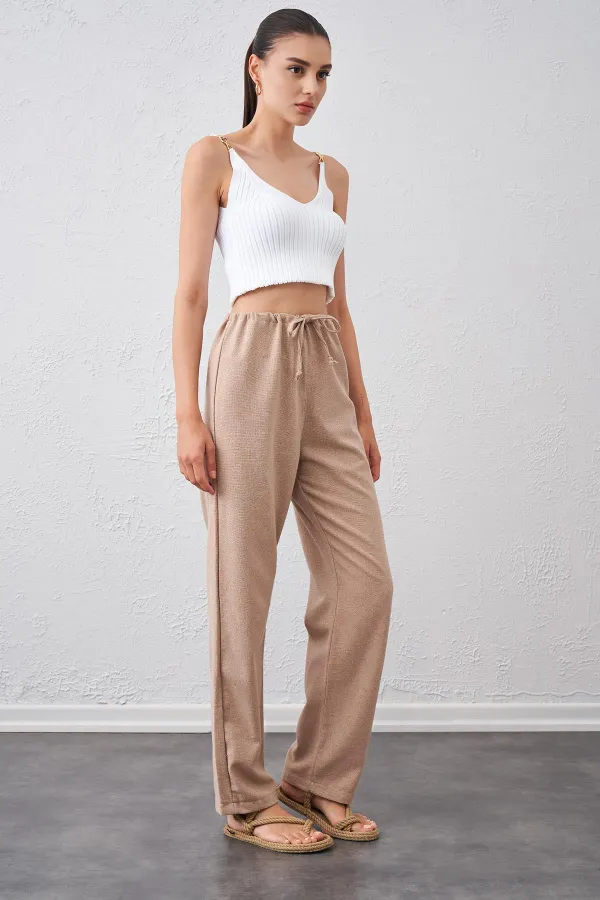 Kadın Taş Bel Bağlamalı Bağcıklı Keten Pantolon