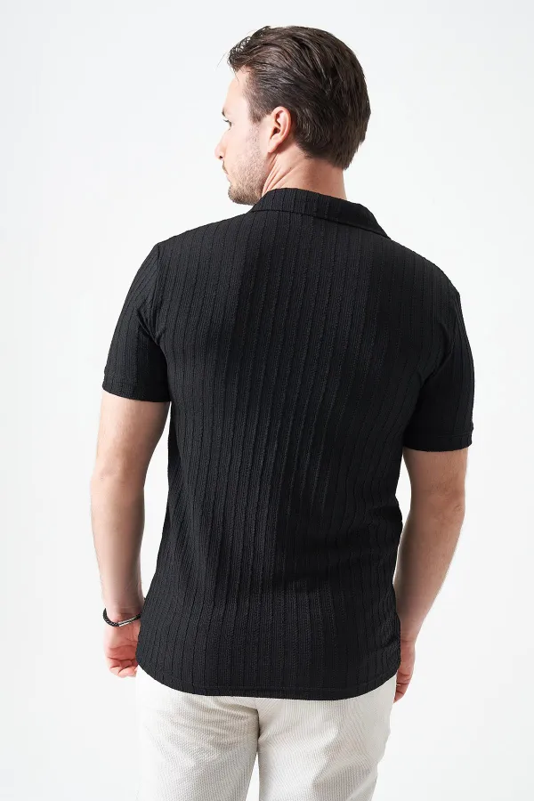 Erkek Siyah Ayaklı Yaka Fermuarlı Ağır Jakar Tişört