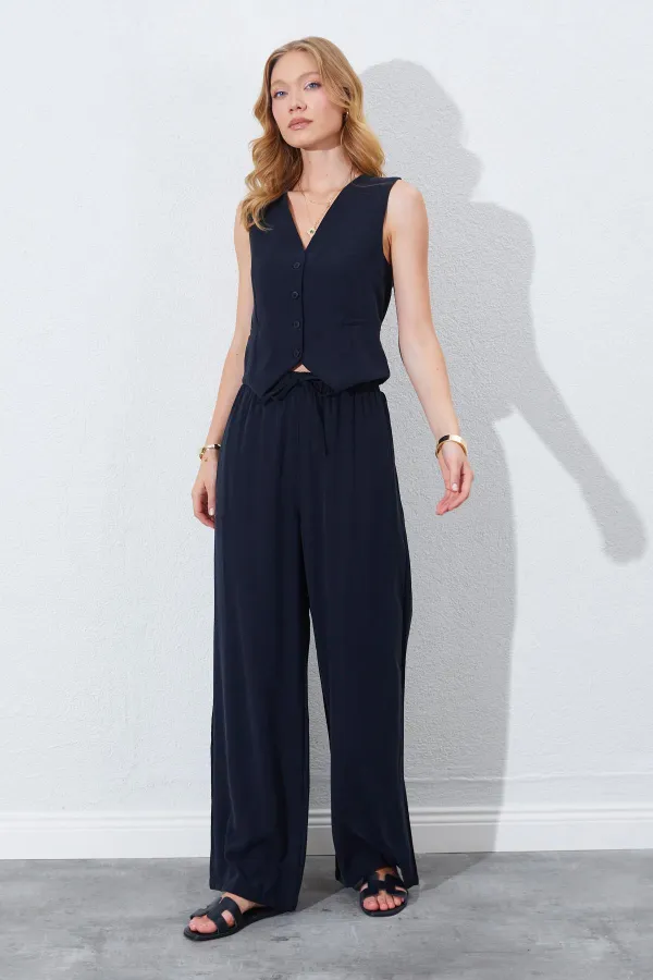 Women's Black Vest with Welt Pockets and Back Trim