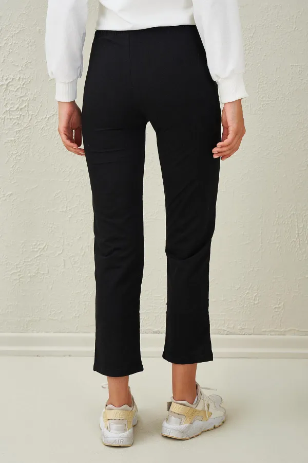 Pantalon de survêtement basique noir pour femme, taille élastique, ourlet droit, deux fils