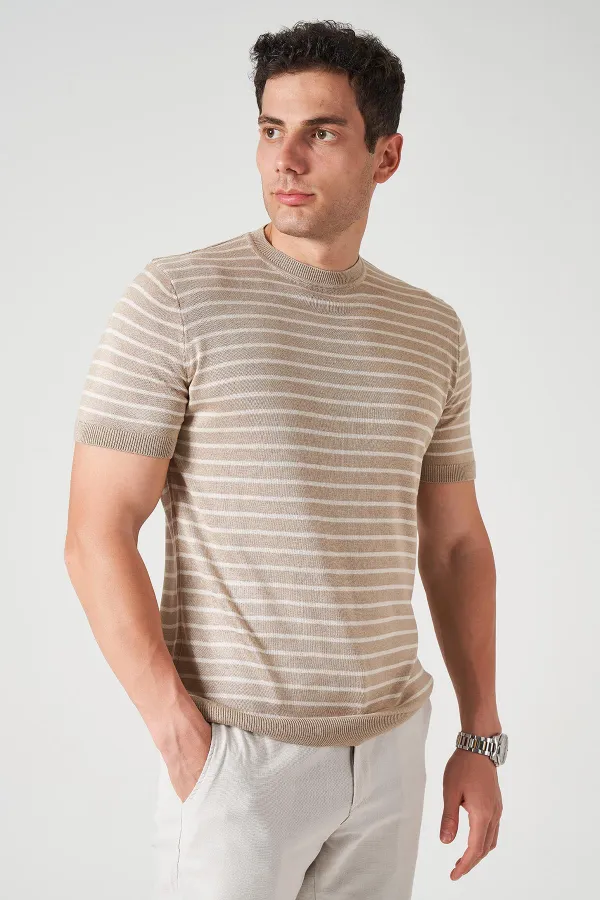 Erkek Bej Bisiklet Yaka Çizgili Triko Tişört