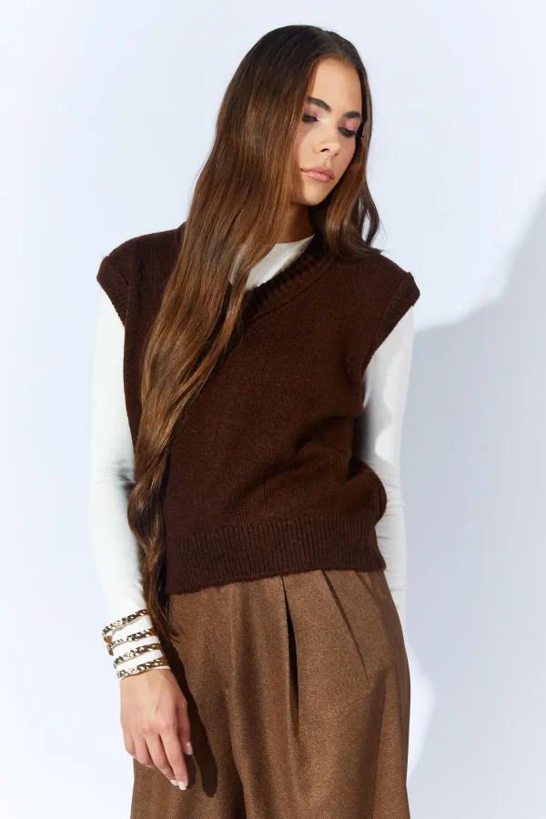 Kadın Kahve V Yakalı Basic Süveter