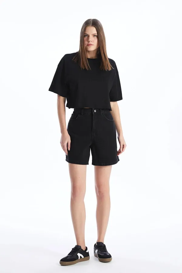 Kadın Siyah Bisiklet Yaka Oversize Süprem Basic Crop Tişört