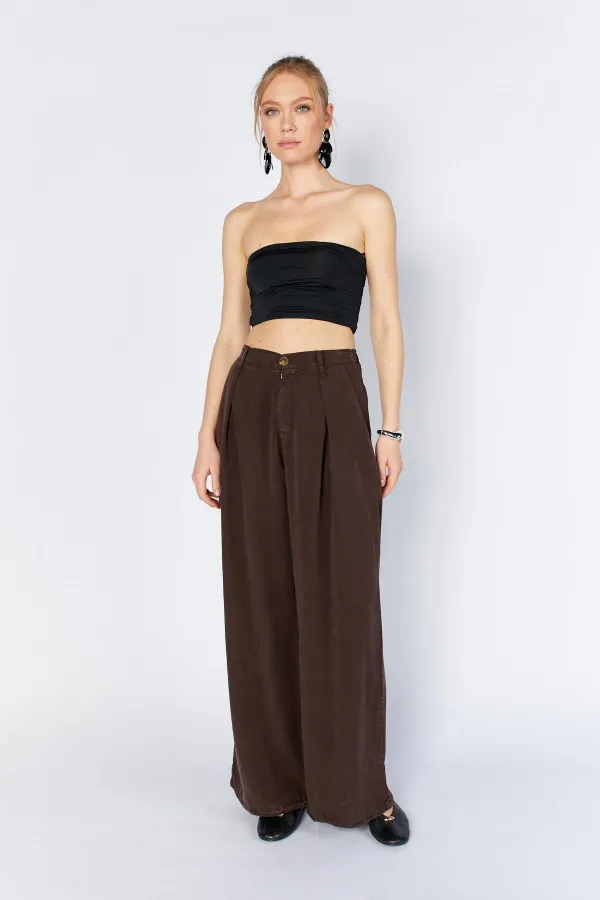Women's Coffee YP5115 Double Pleated Wide Leg Tencel Trousers