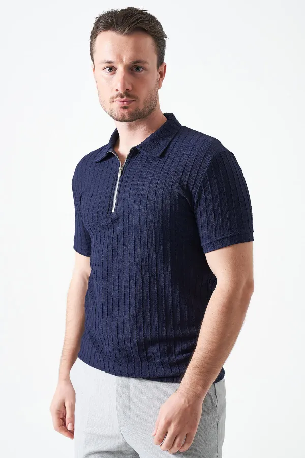 Erkek Lacivert Ayaklı Yaka Fermuarlı Ağır Jakar Tişört