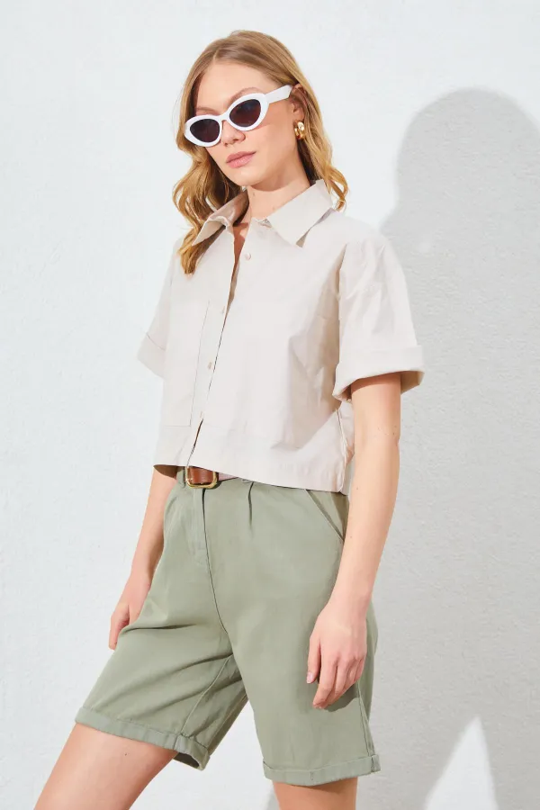 Kadın Taş Çift Cepli Düşük Kol Crop Gömlek