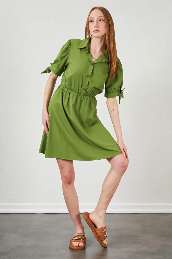Kadın Petrol Yeşili Kolları Bağlamalı Poplin Elbise
