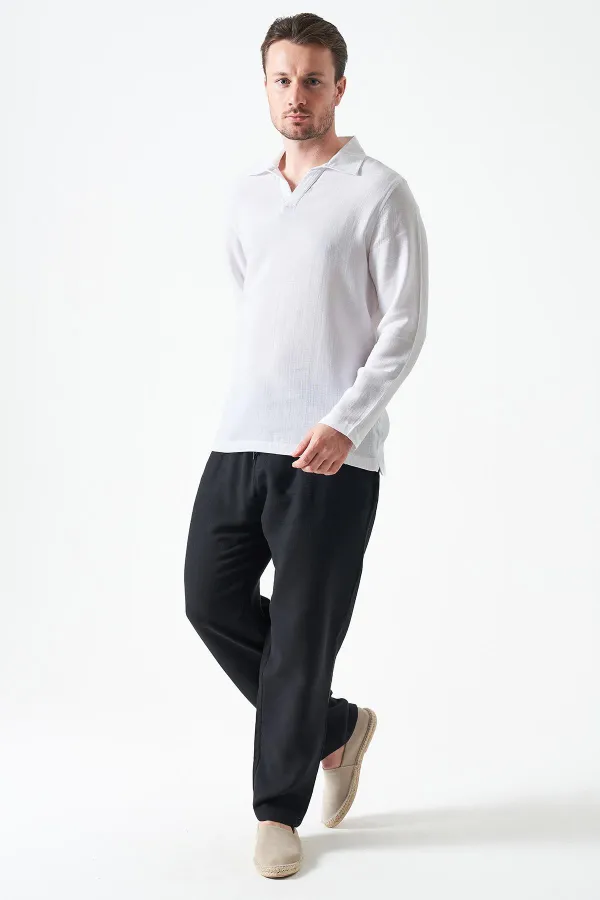 Erkek Siyah Bel Bağlamalı Baggy Müslin Pantolon