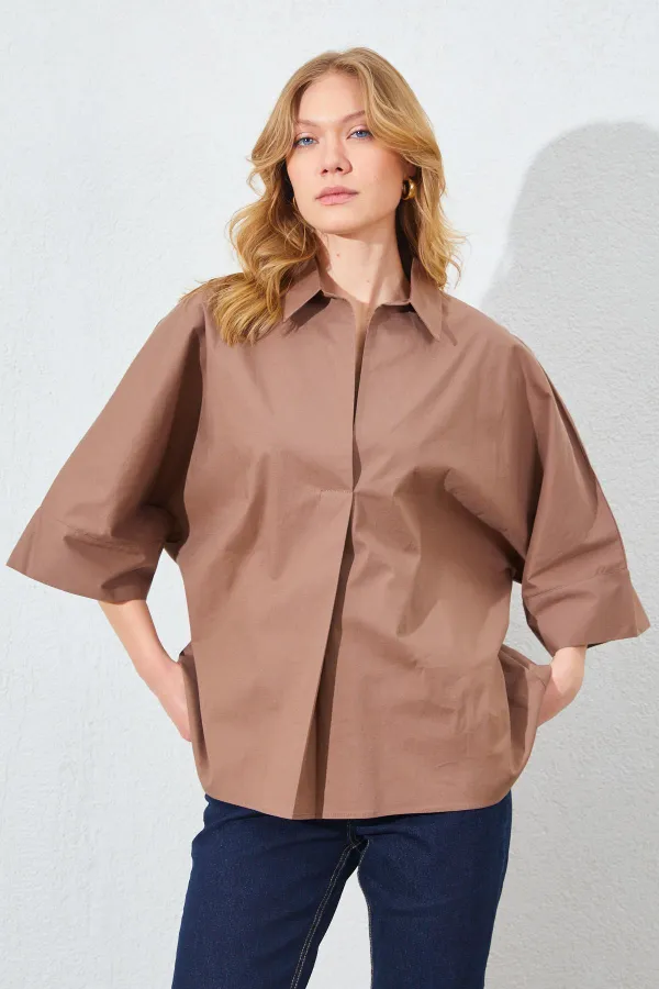 Kadın Kahve Düşük Kol Önü Patlı Salaş Kesim Gömlek