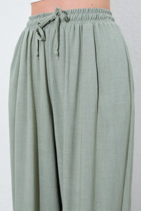 Kadın Haki Beli Lastikli Palazzo Keten Pantolon
